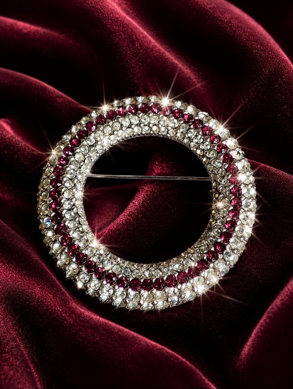 CINER Signed Round Circle Ruby Pin Red Clear Silver Tone Vintage Brooch
